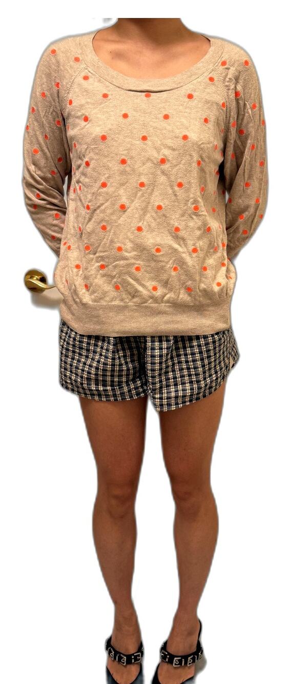 J Crew Oatmeal Sweater Neon Orange Embroidered Polka Dots M Scoop Neck